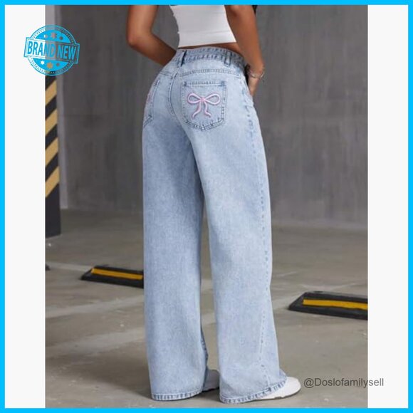 Y2K Low Rise Wide Leg Boyfriend Jeans Bow Embroidery Straight Leg Denim - Picture 4 of 7